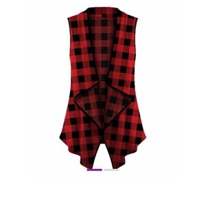 🆕Red & Black Plaid Drape-Front Open Vest